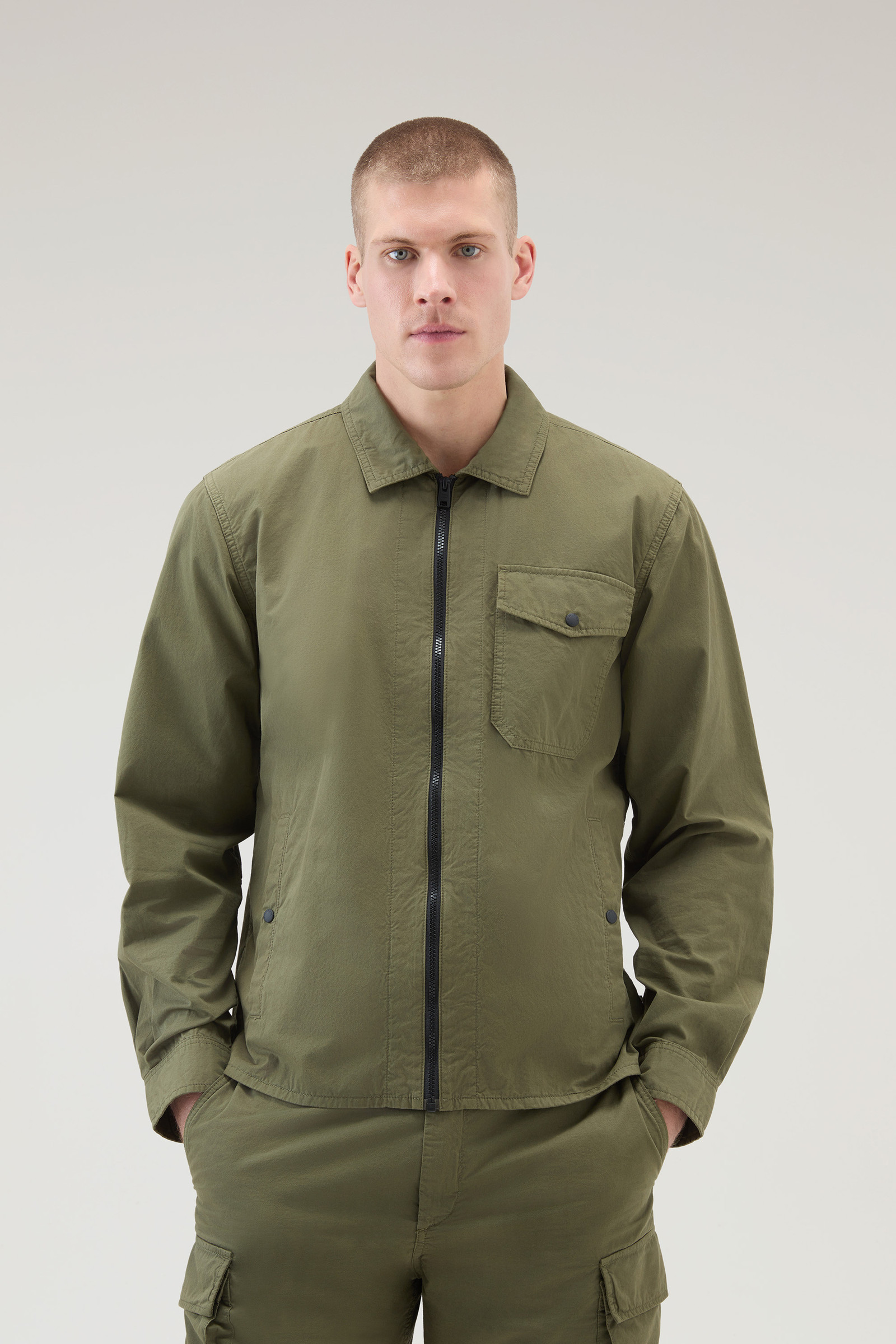 Woolrich Olive Green Cotton Gabardine Oversized Shirt In Green