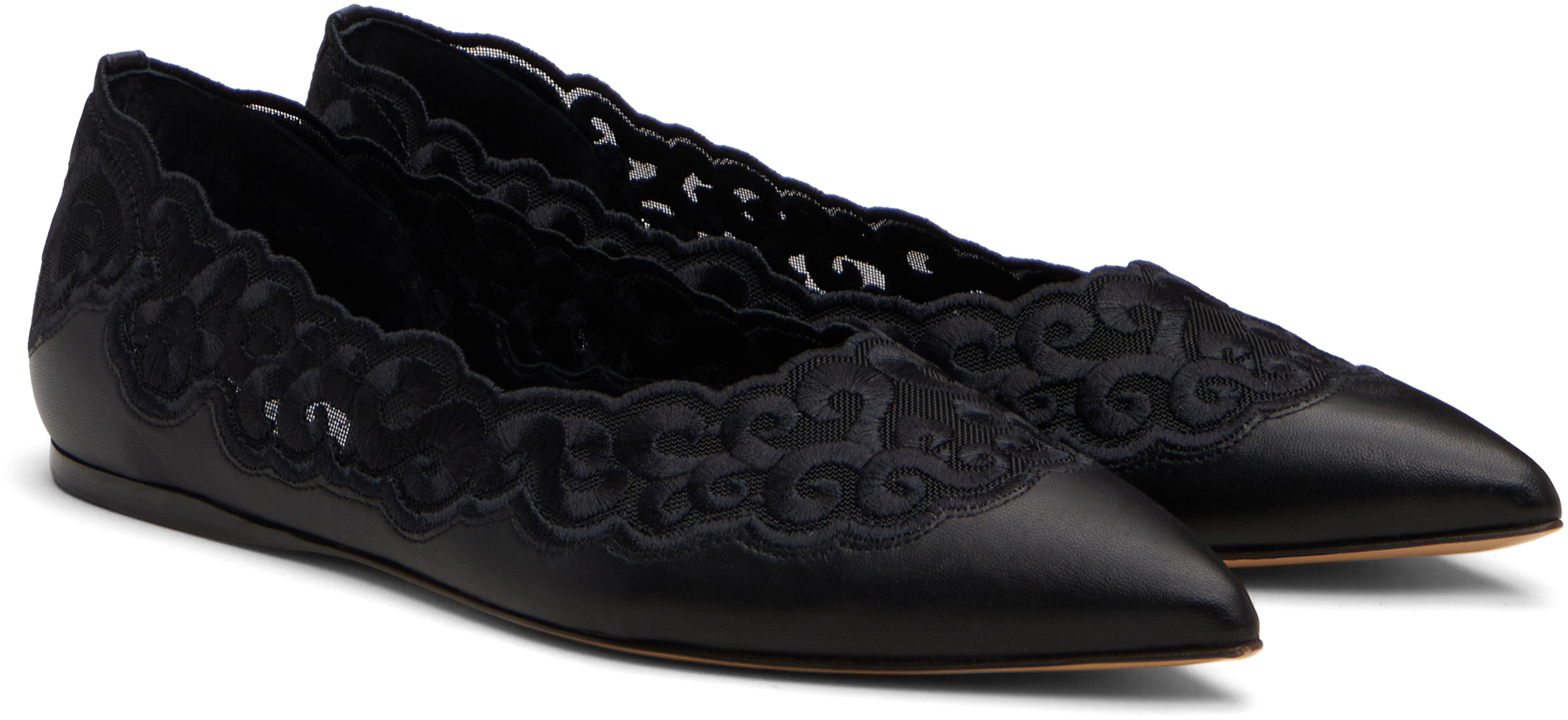 Gabriela Hearst Ziva Leather And Embroidered Tulle Point-toe Flats In Black