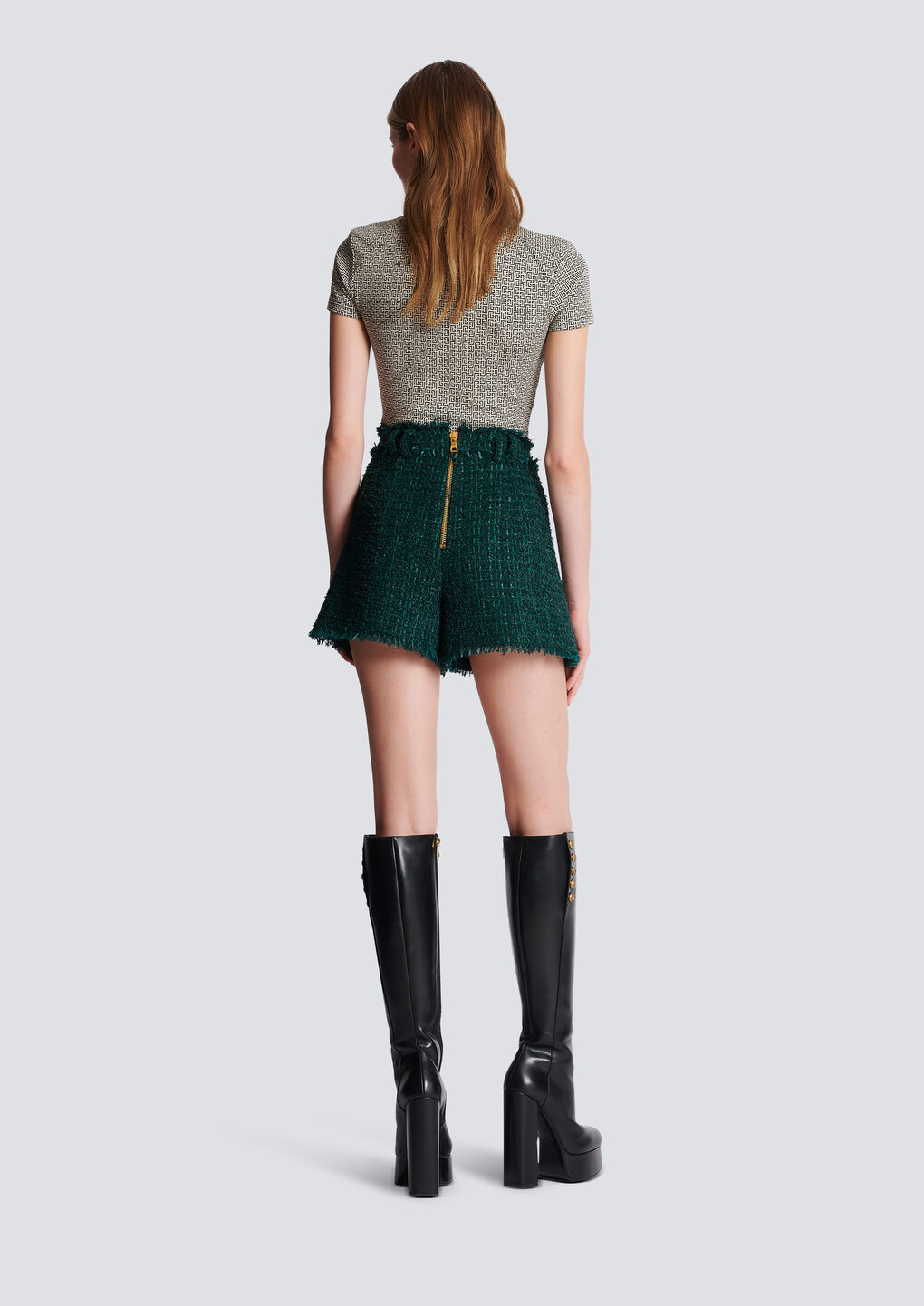 Balmain Frayed Button-embellished Bouclé Shorts In Green