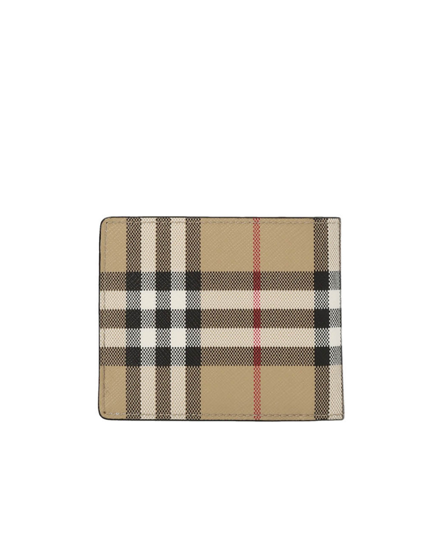 Burberry Beige Bifold Wallet With Check Motif In Techno Fabric In Nude