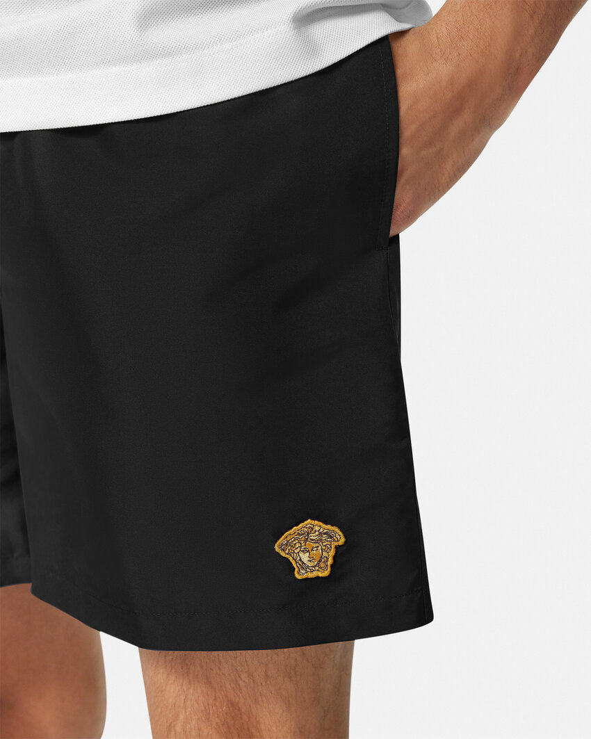 Versace Black Swim Shorts With Elastic Drawstring Waist And Medusa Embroidery On The Front In Tech Fabric Ma In Black