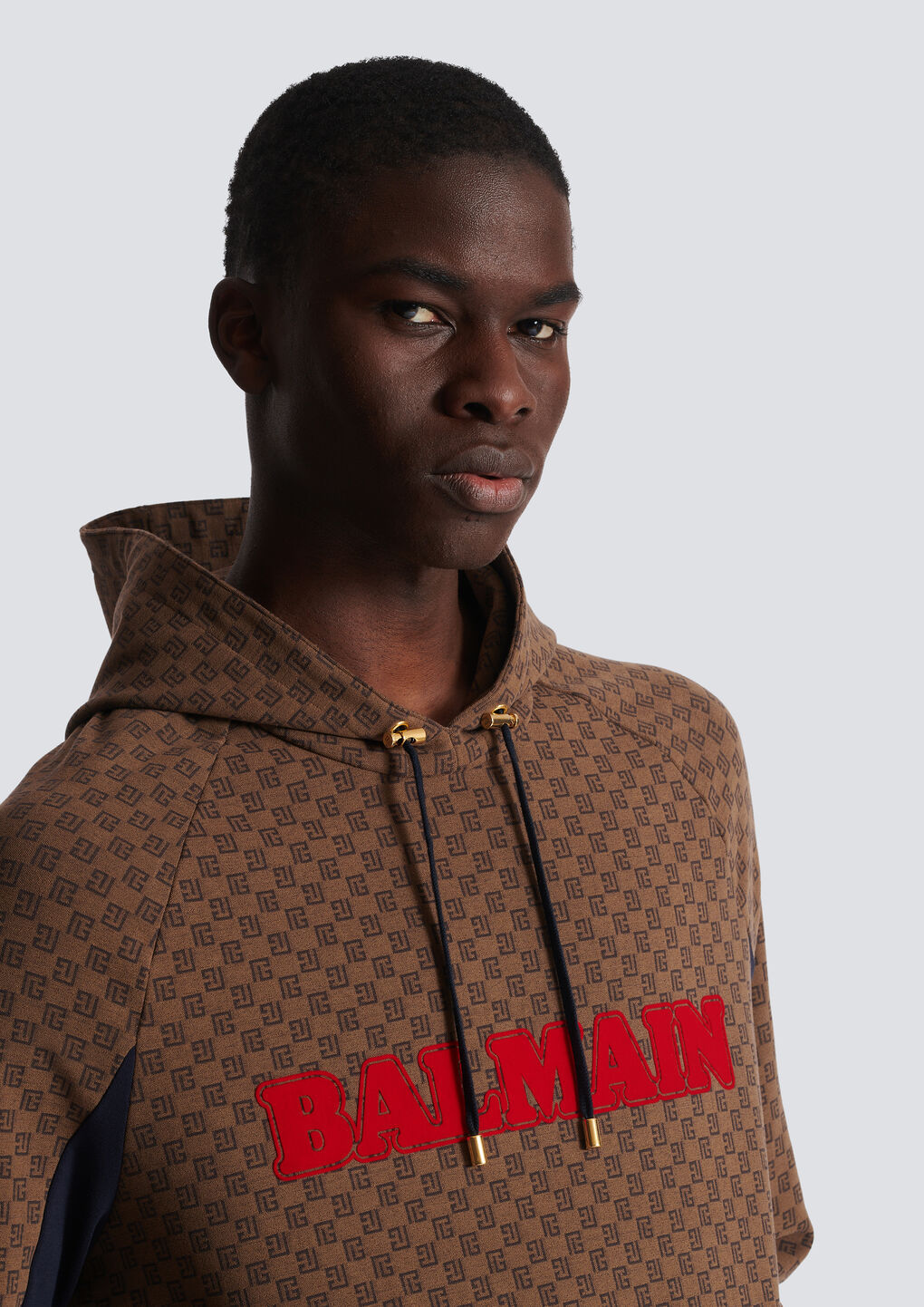 Shop Balmain Mini Monogram Jacquard Hoodie In Brown