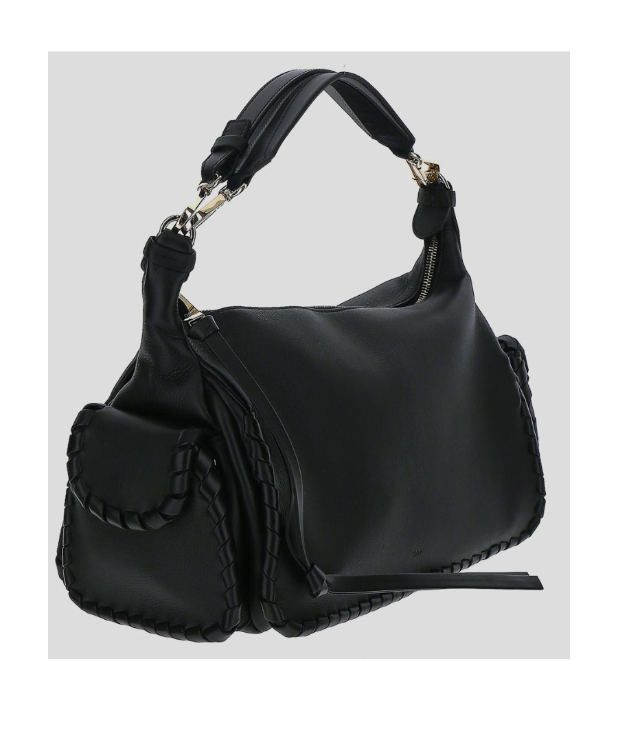 Chloé Textured Leather Nahir Shoulder Bag With Gold Metal Trim In Black