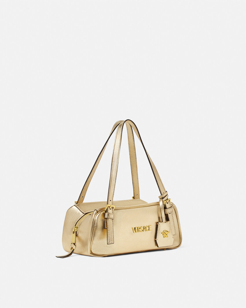 Versace Tag Bowling Metallic Shoulder Bag In Brown