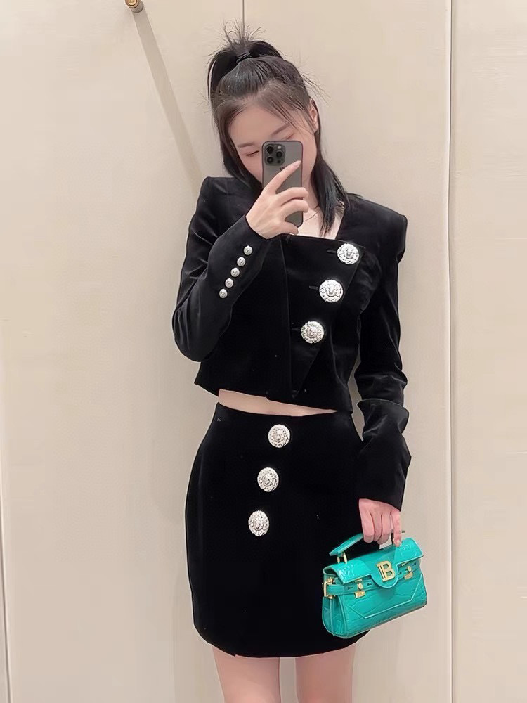 Shop Balmain Buttoned Cotton-blend Miniskirt In Black