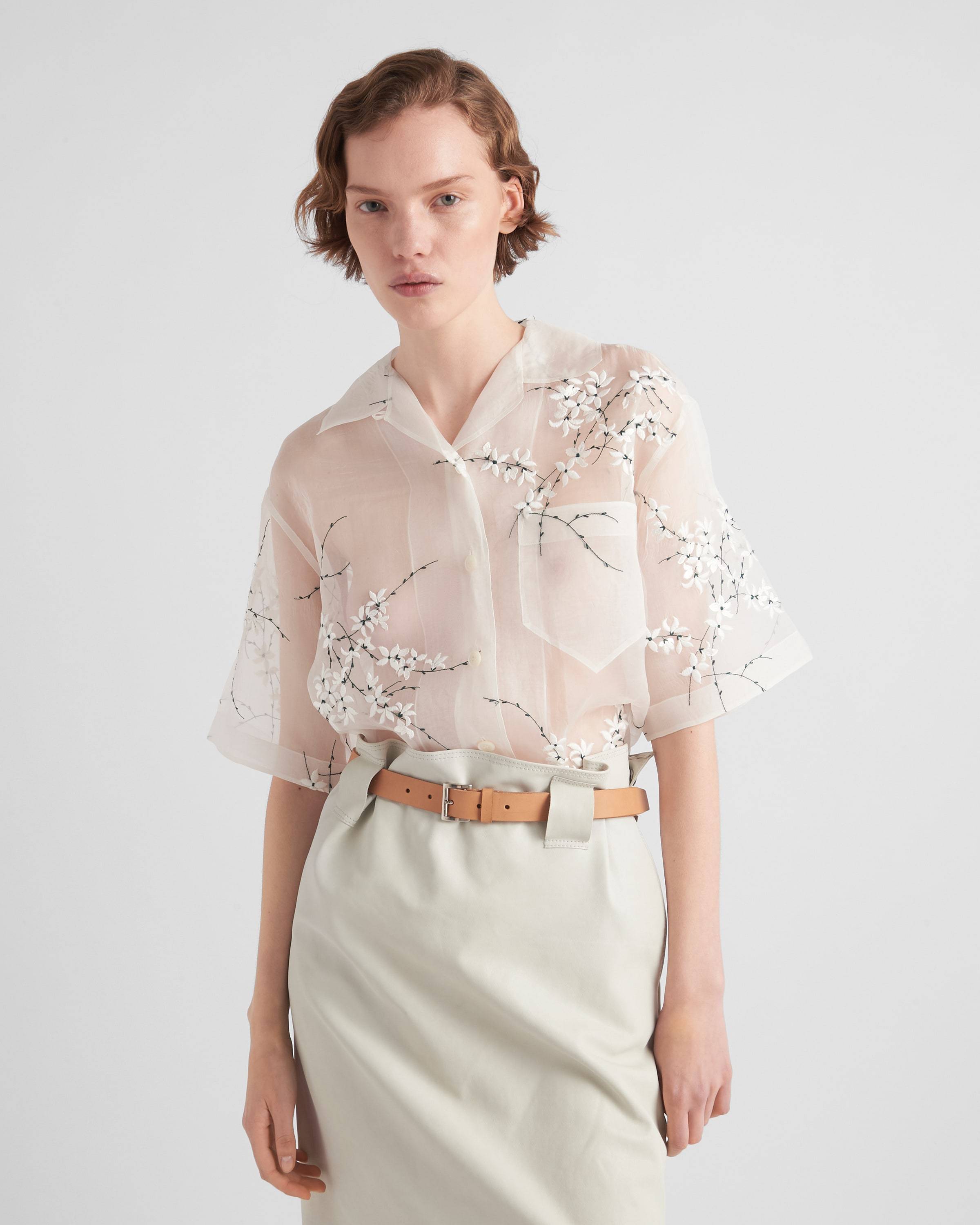 Prada Floral-embroidered Short-sleeved Sheer Shirt In Animal Print