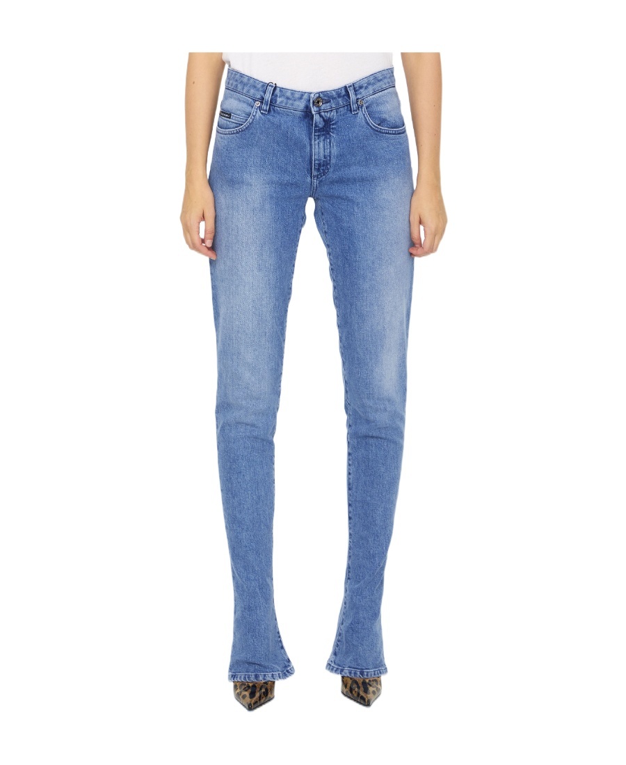 Dolce & Gabbana Logo Plate Bell Bottom Jeans In Blue