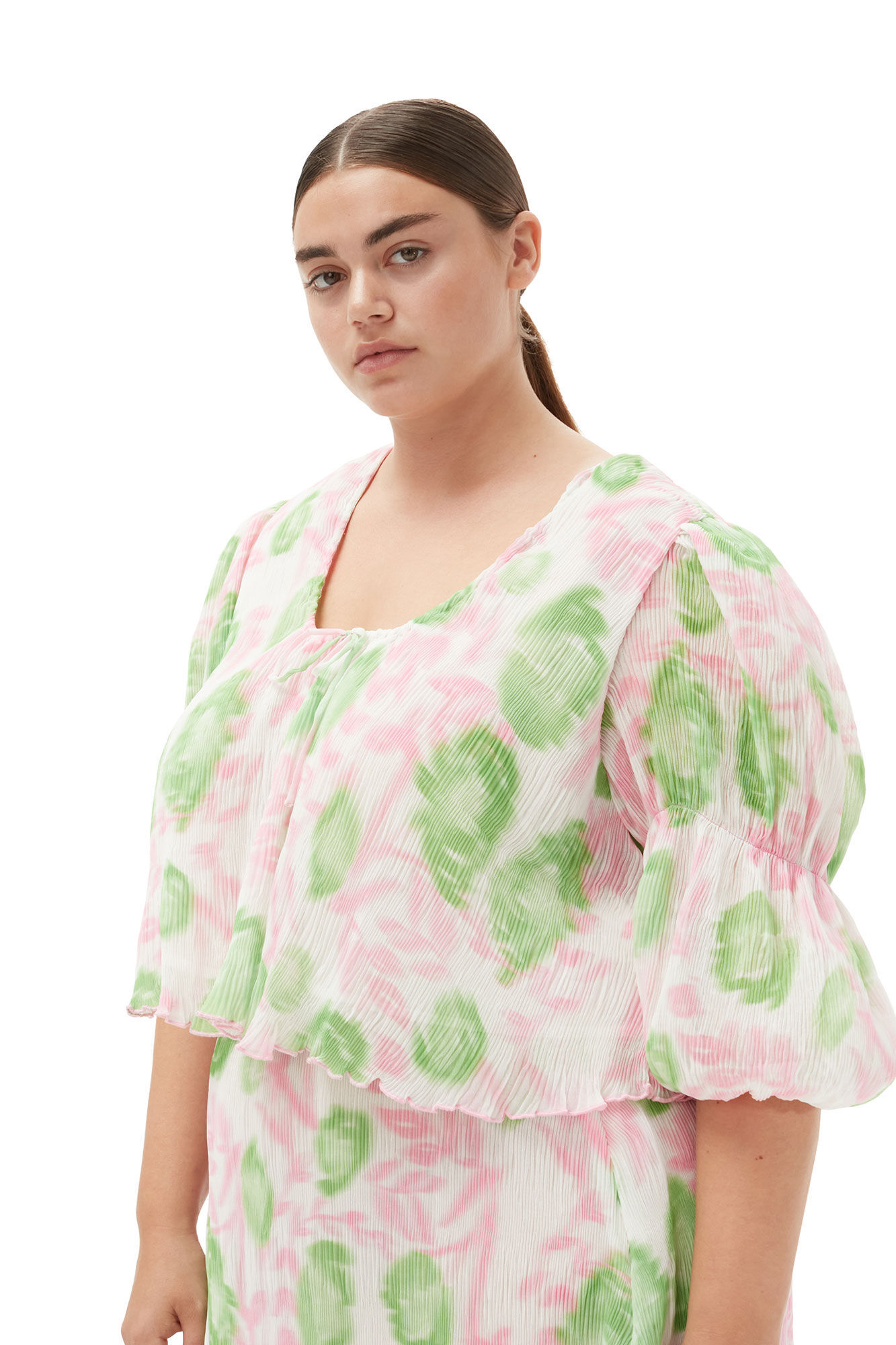 Ganni Short Sleeve Pleated Georgette U-neck Blouse In Pink