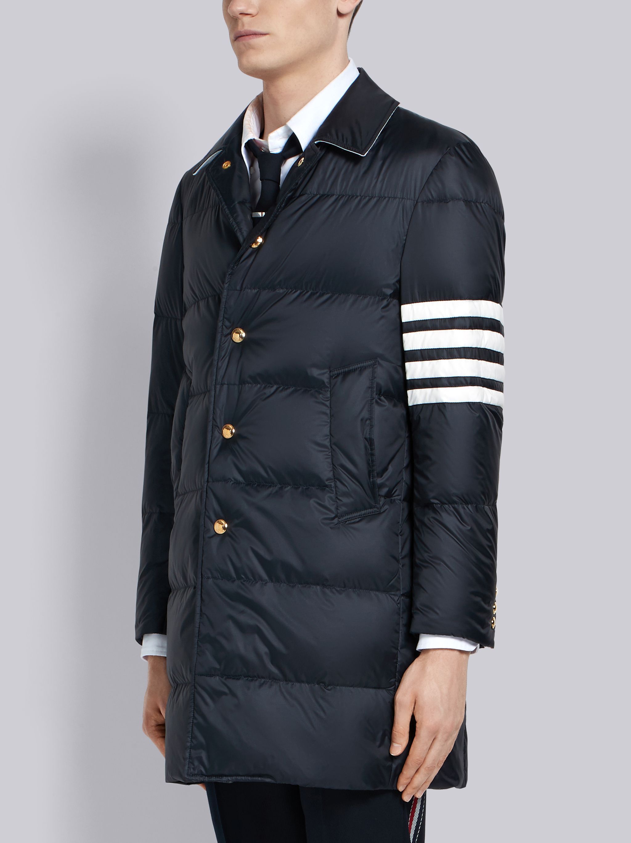 THOM BROWNE 4-BAR MATTE NYLON BAL COLLAR OVERCOAT
