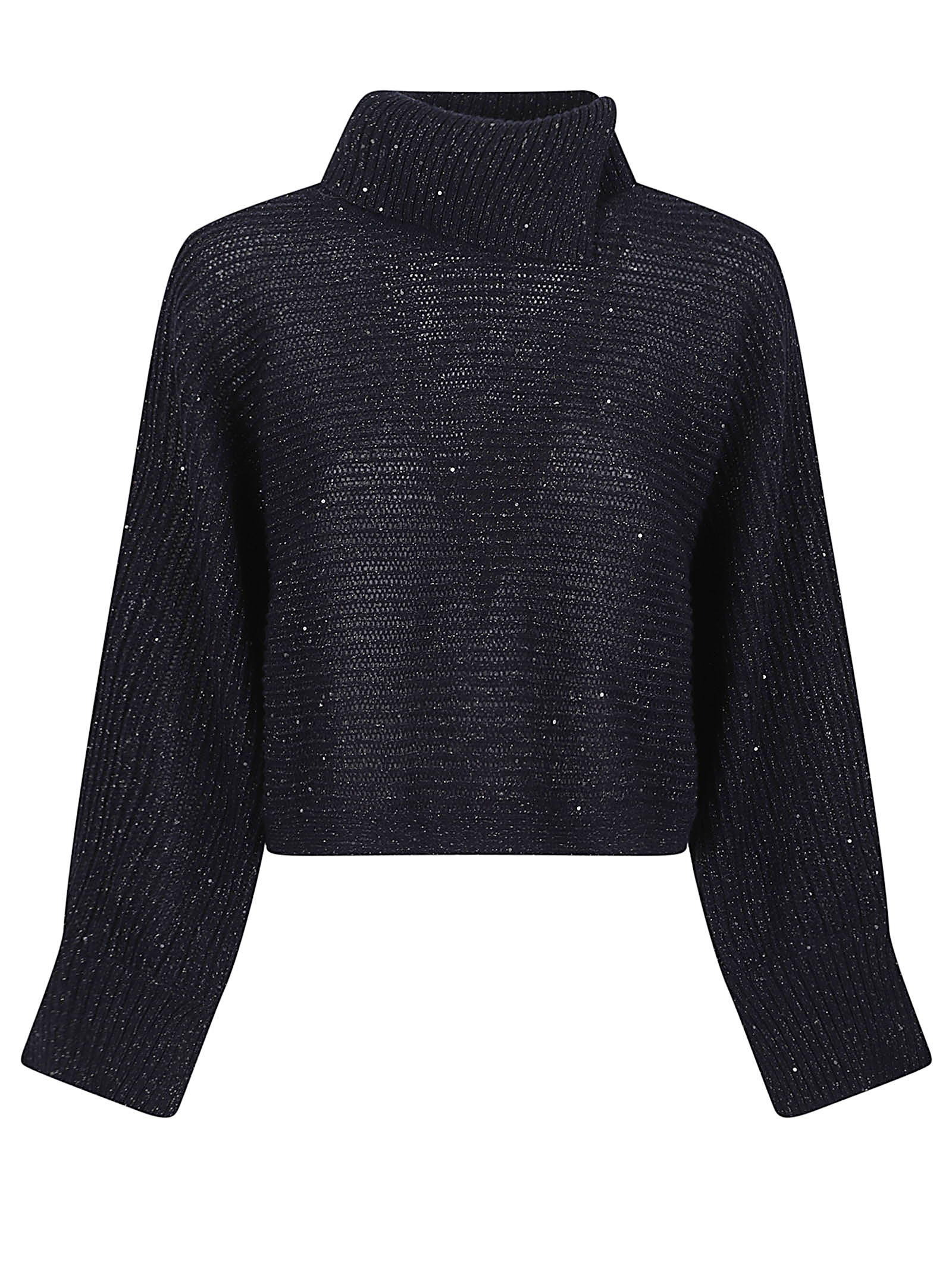 Peserico High Neck Cropped Knit Sweater With Sparkle In Black
