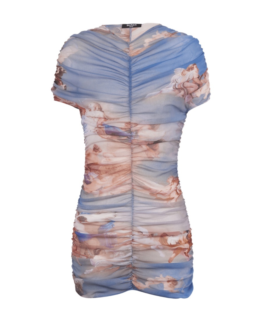 Balmain Sky-print Ruched Tulle Mini Dress In Multicolor