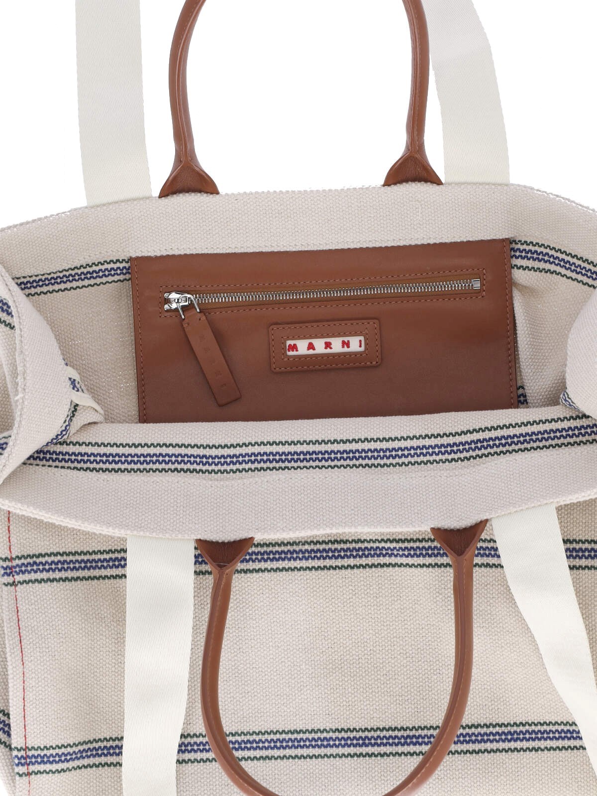 Marni Logo Embroidered Striped Large Tote Bag In White