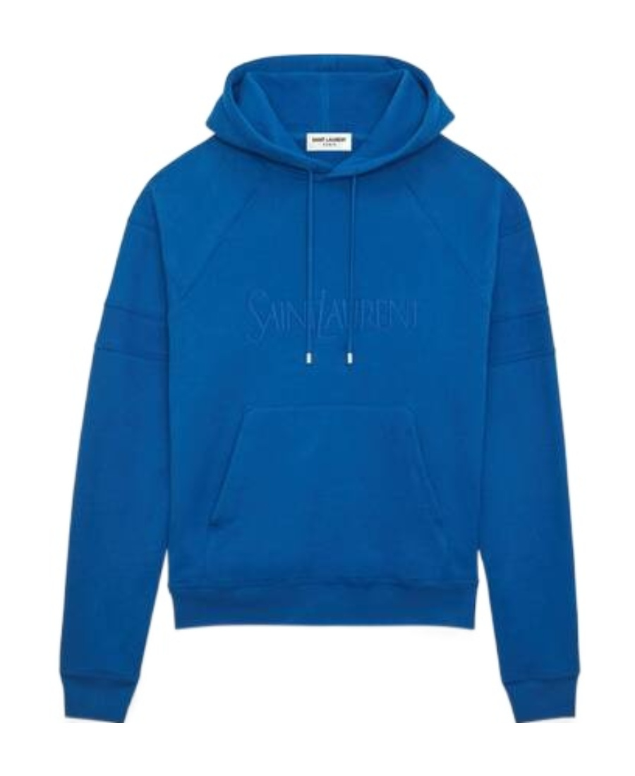 Saint Laurent Logo Cotton Hoodie In Blue