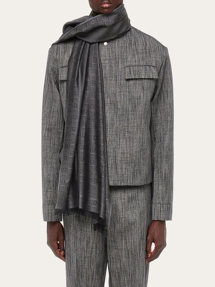 Ferragamo Gancini Monogram Jacquard Wool Scarf In Black