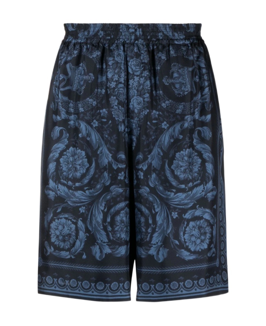 Versace All-over Barroco Print Silk Shorts In Black