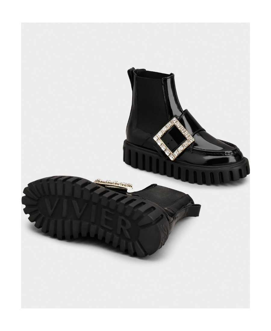 ROGER VIVIER VIV' GO-THICK STRASS BUCKLE CHEALSEA ANKLE BOOTS IN PATENT LEATHER