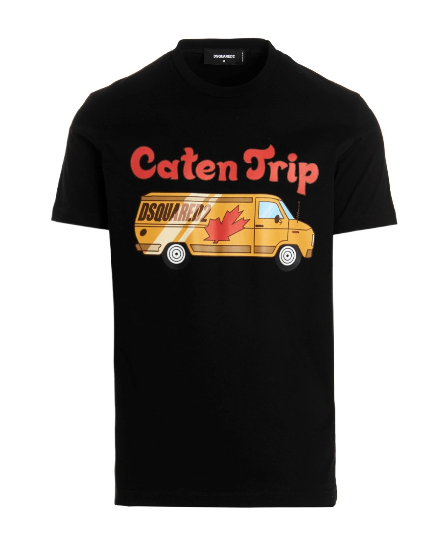 Dsquared2 D-squared2 Mans Black Cotton T-shirt With Caten Trip Print In Black