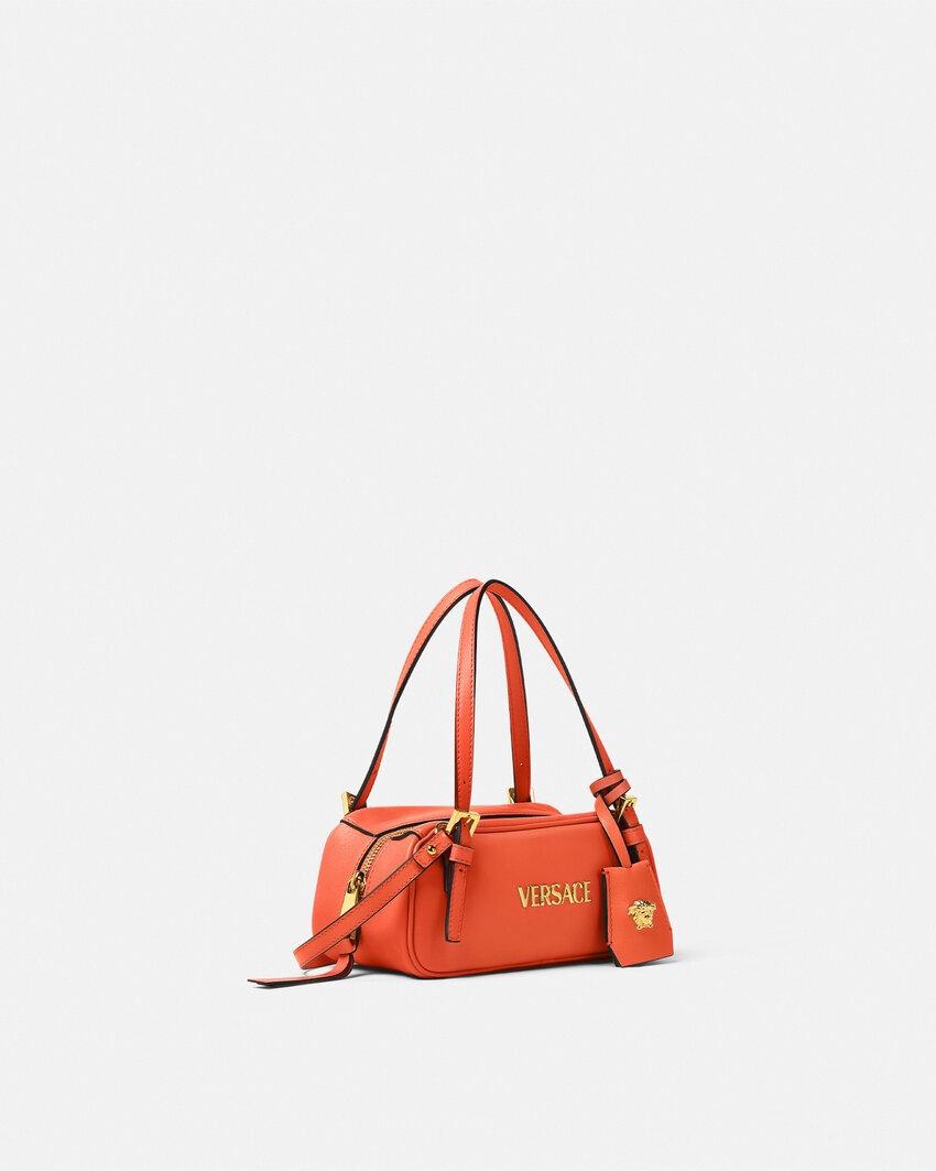 Versace Tag Bowling Leather Shoulder Bag In Orange