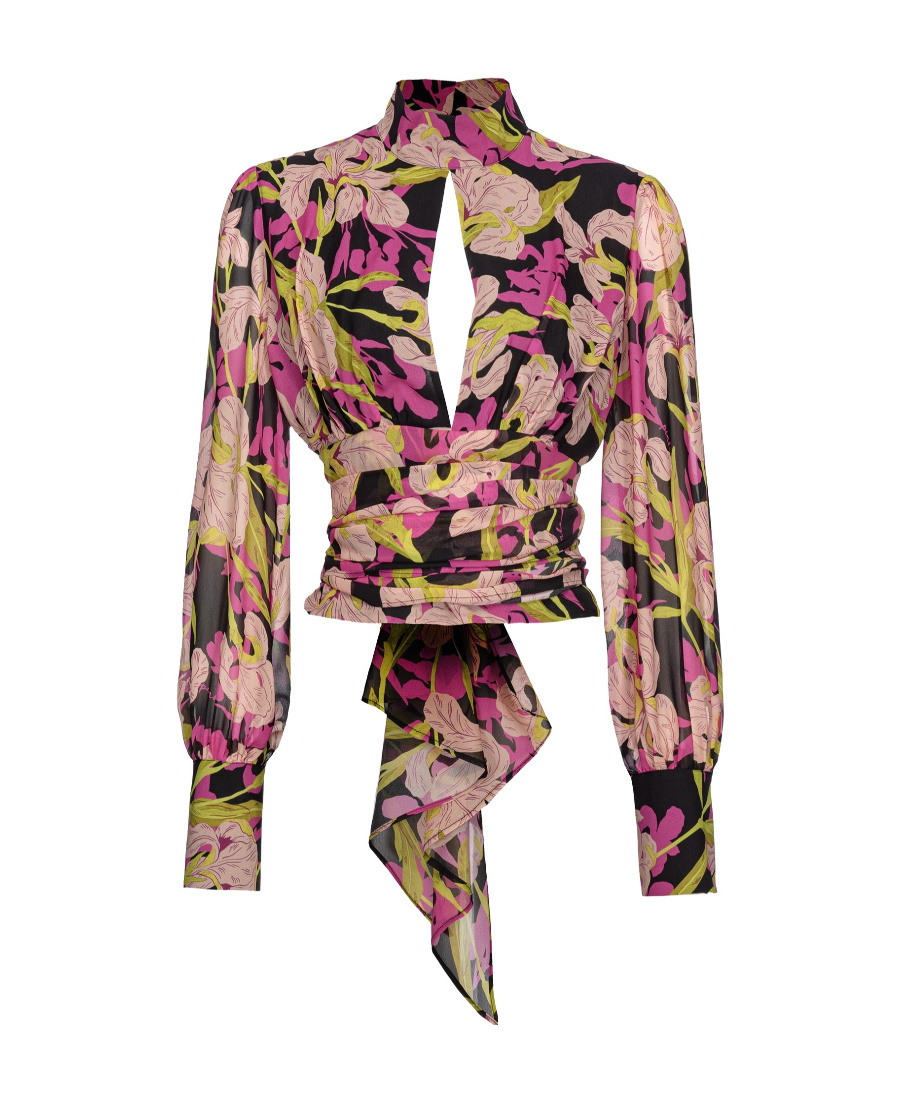 Pinko Rivelatore Floral Georgette Sash-tie Cutout Blouse In Multicolor