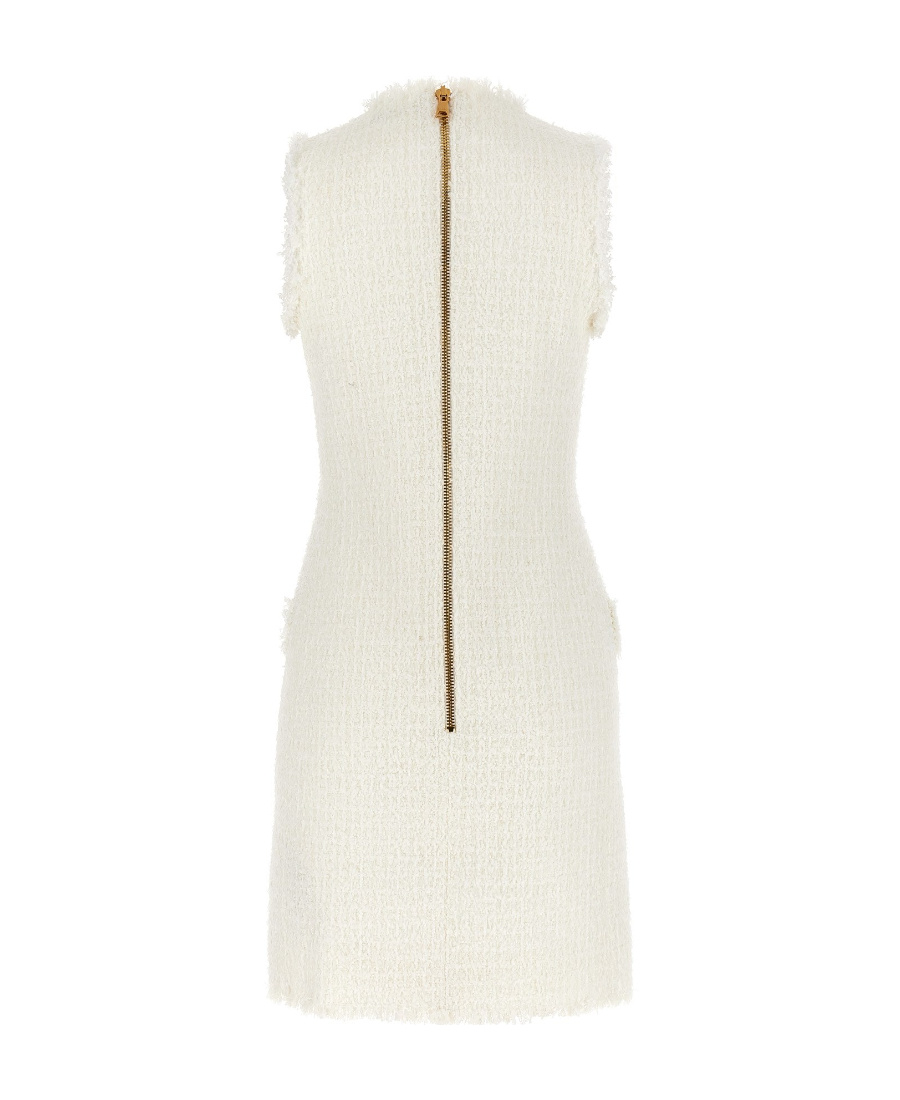 Balmain V-neck Buttoned Tweed Minidress In White
