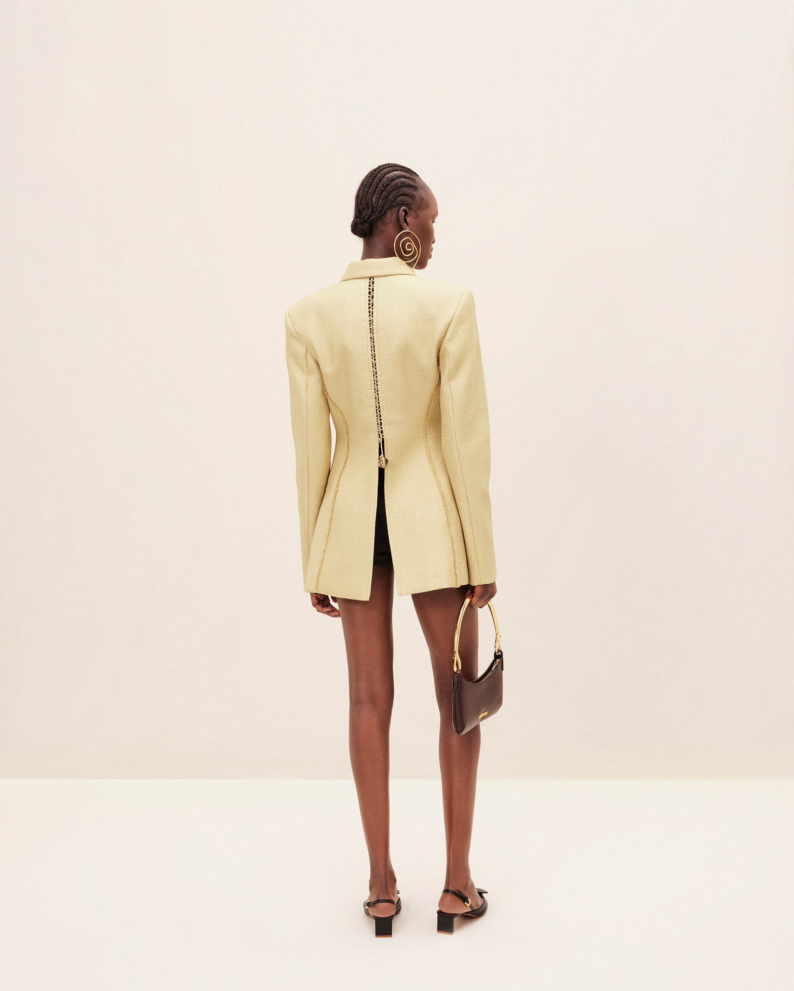 Jacquemus Palha Embellished Frayed Woven Canvas Blazer In Nude