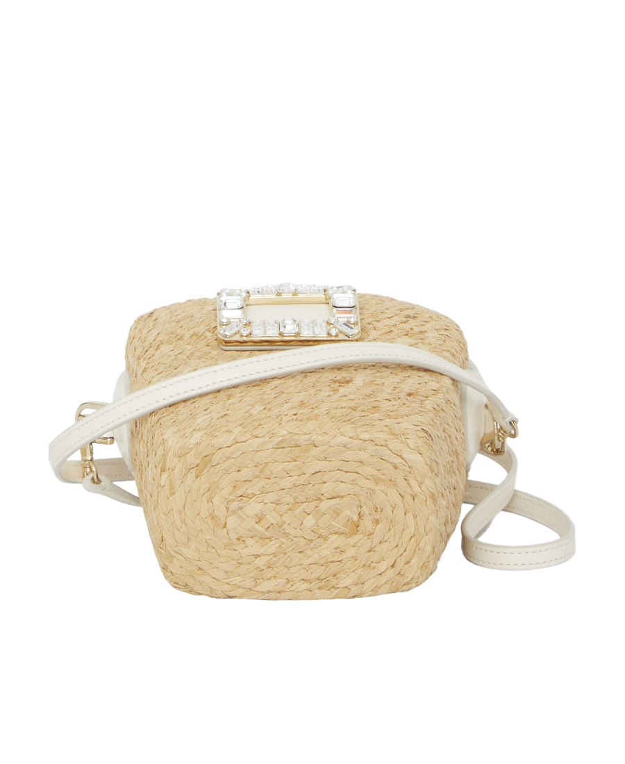 Roger Vivier Viv' Skate Strass Buckle Mini Bucket Bag In Raffia In Nude