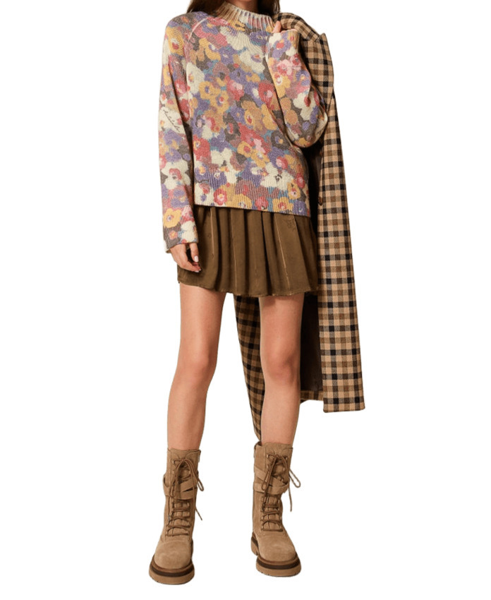Twinset Multicolored Floral Patterned Sweater With Ribbed Crew Neckline In Multi