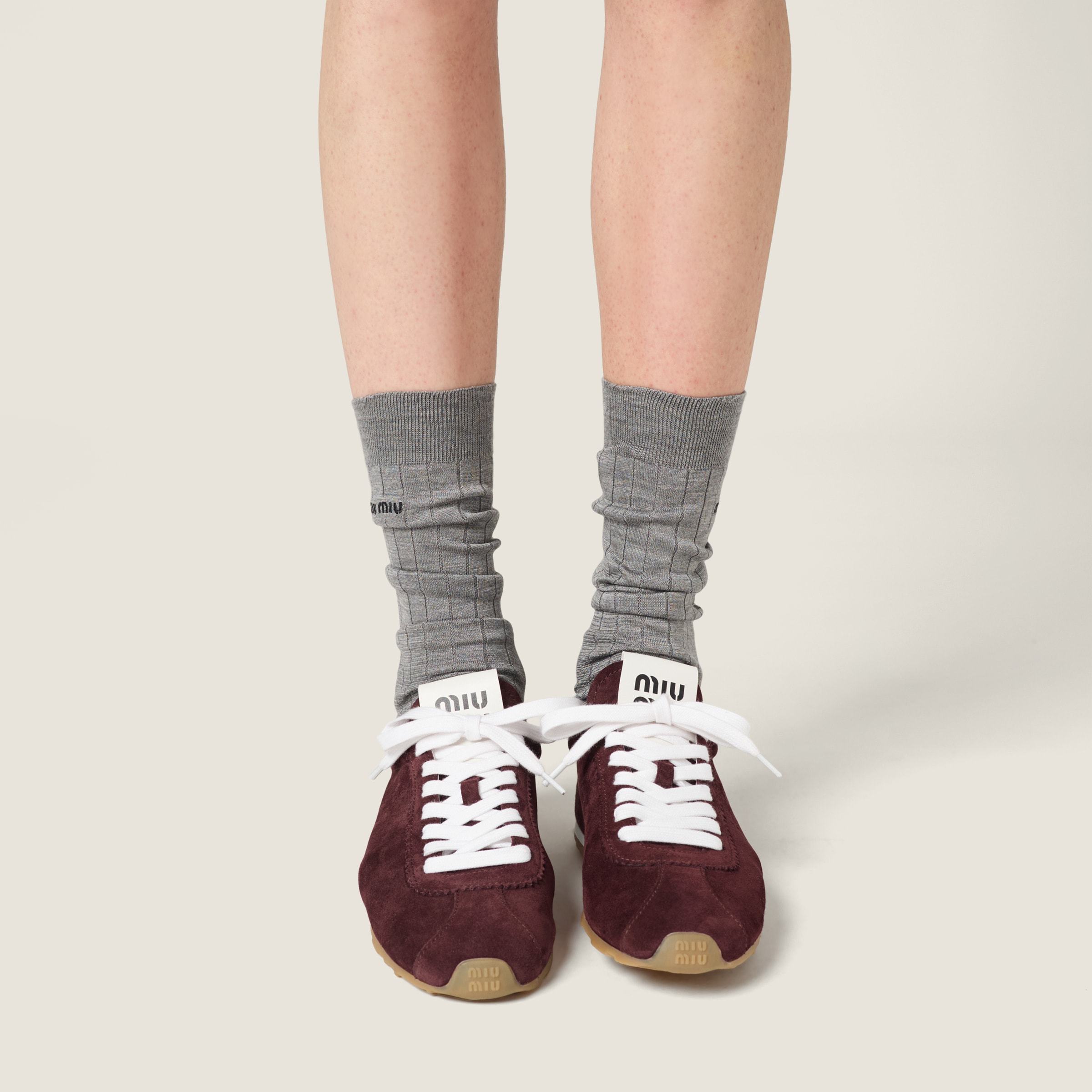 Miu Miu Suede Bicolor Retro Trainer Sneakers In Burgundy