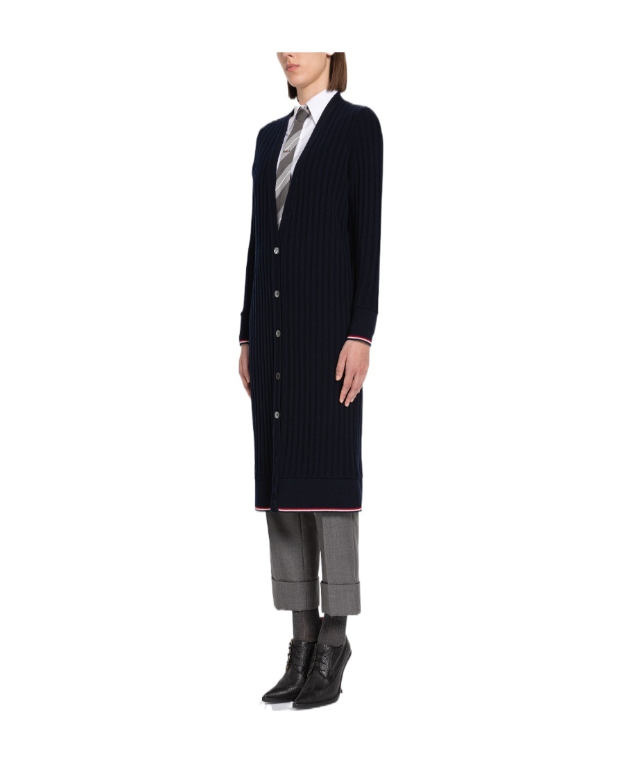 Thom Browne Long Rwb Ribbed Cardigan In Black