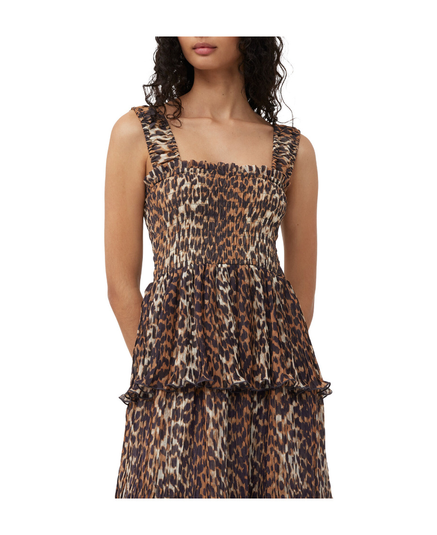 Ganni + Net Sustain Pleated Smocked Leopard-print Recycled-georgette Midi Dress In Brown