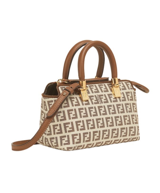 Fendi Small Brown Ff Fabric Boston Bag In Nude