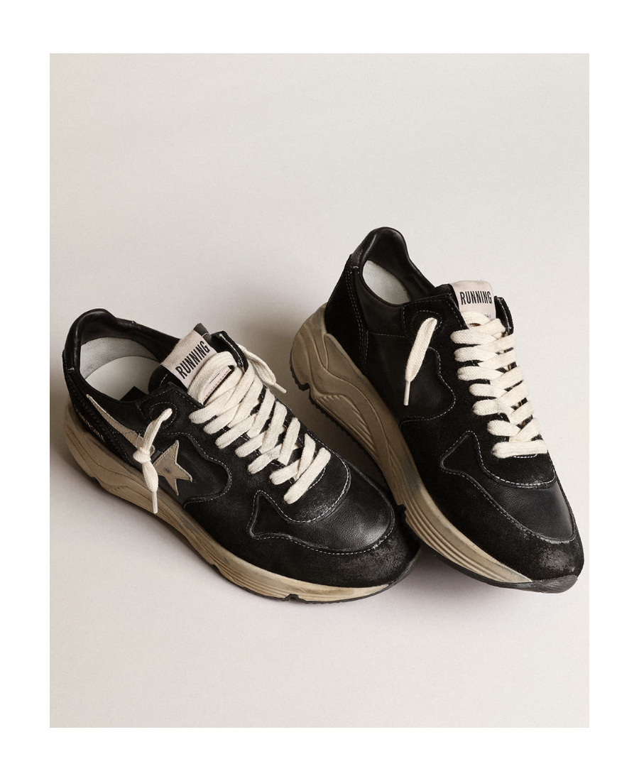 Golden Goose Womens Running Sole Sneakers In Black Nappa Leather And Suede With White Leather Star In Black