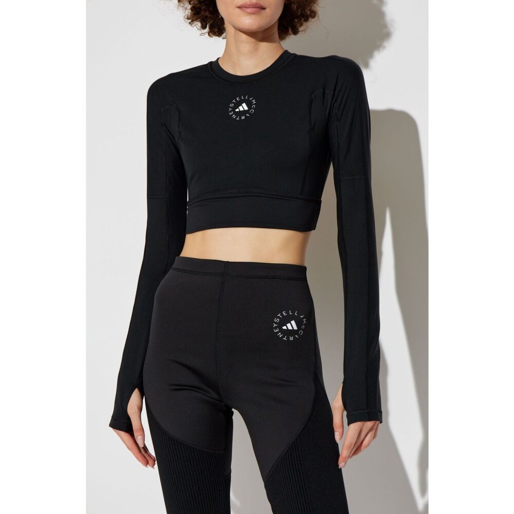 Adidas By Stella Mccartney Truestrength Cutout Cropped Printed Top In Black