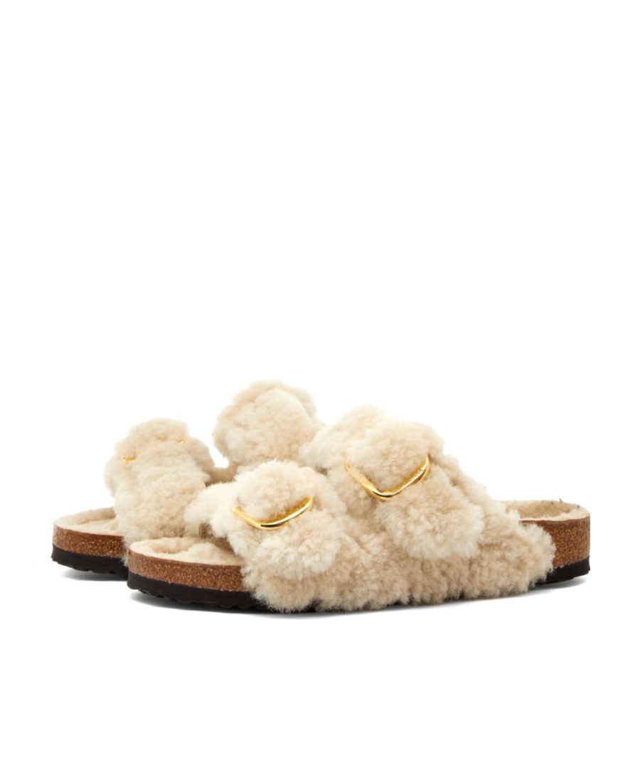 Shop Birkenstock Buckle-fastening Shearling Slides In Nude