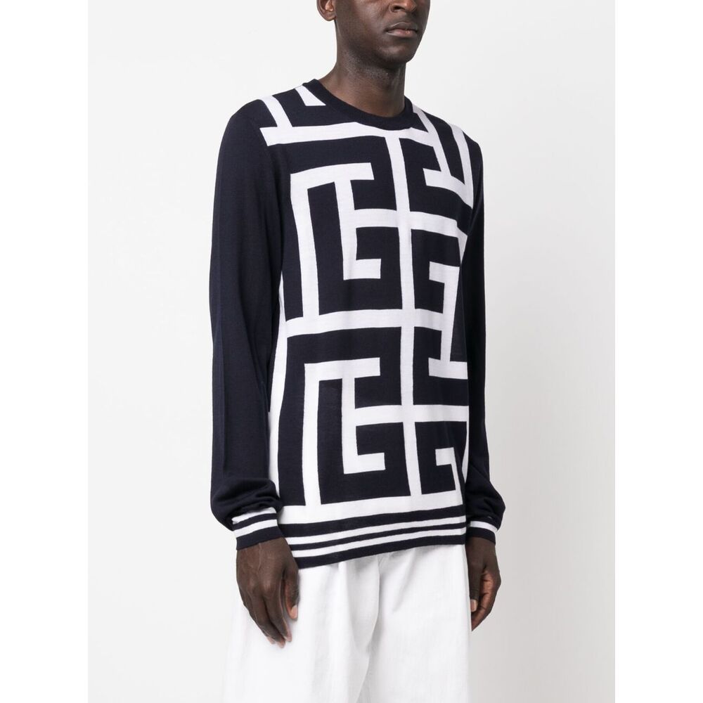 Balmain Monogram-print Merino Wool Jumper In Black