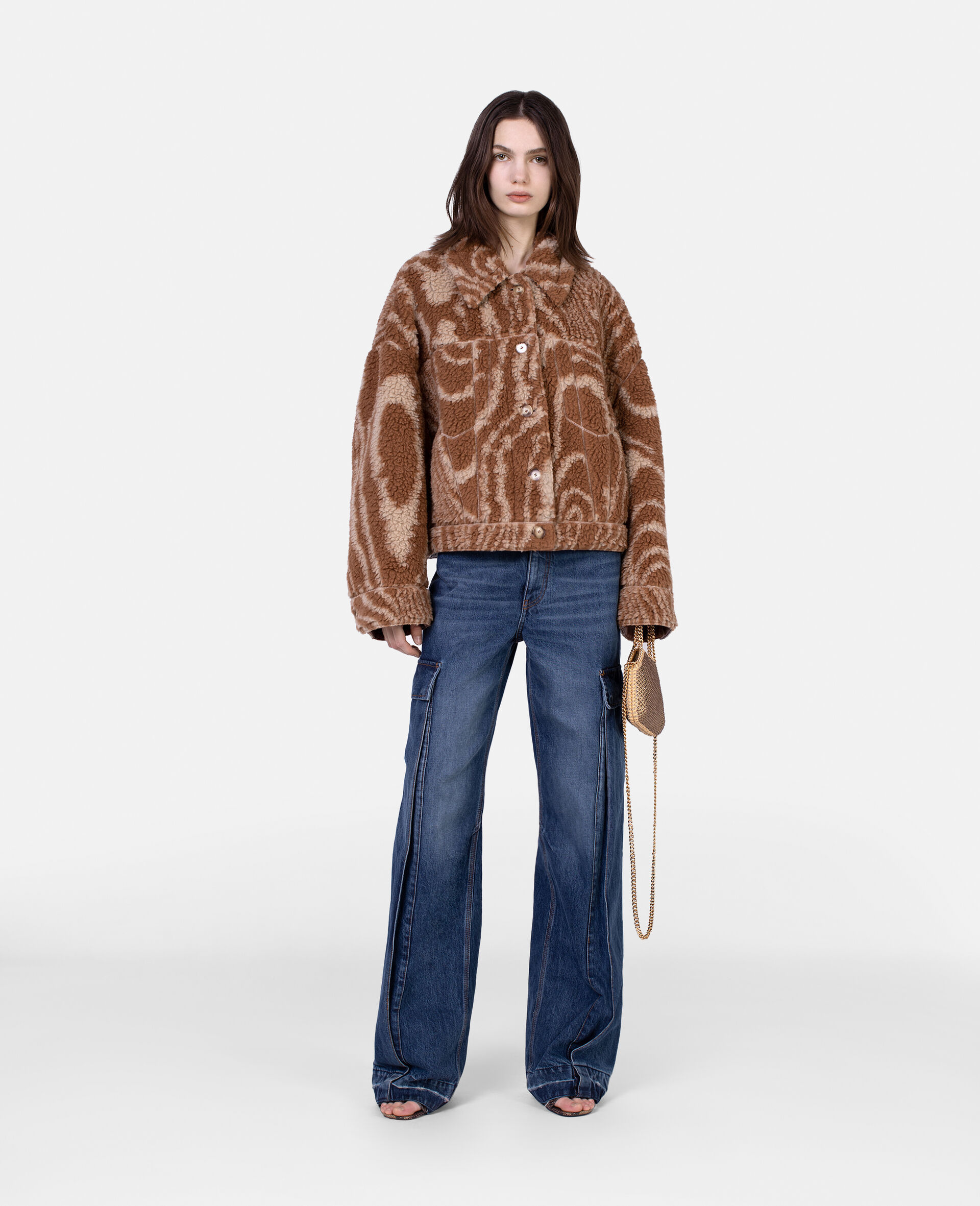 Stella Mccartney Woodgrain-print Shearling Jacket In Brown