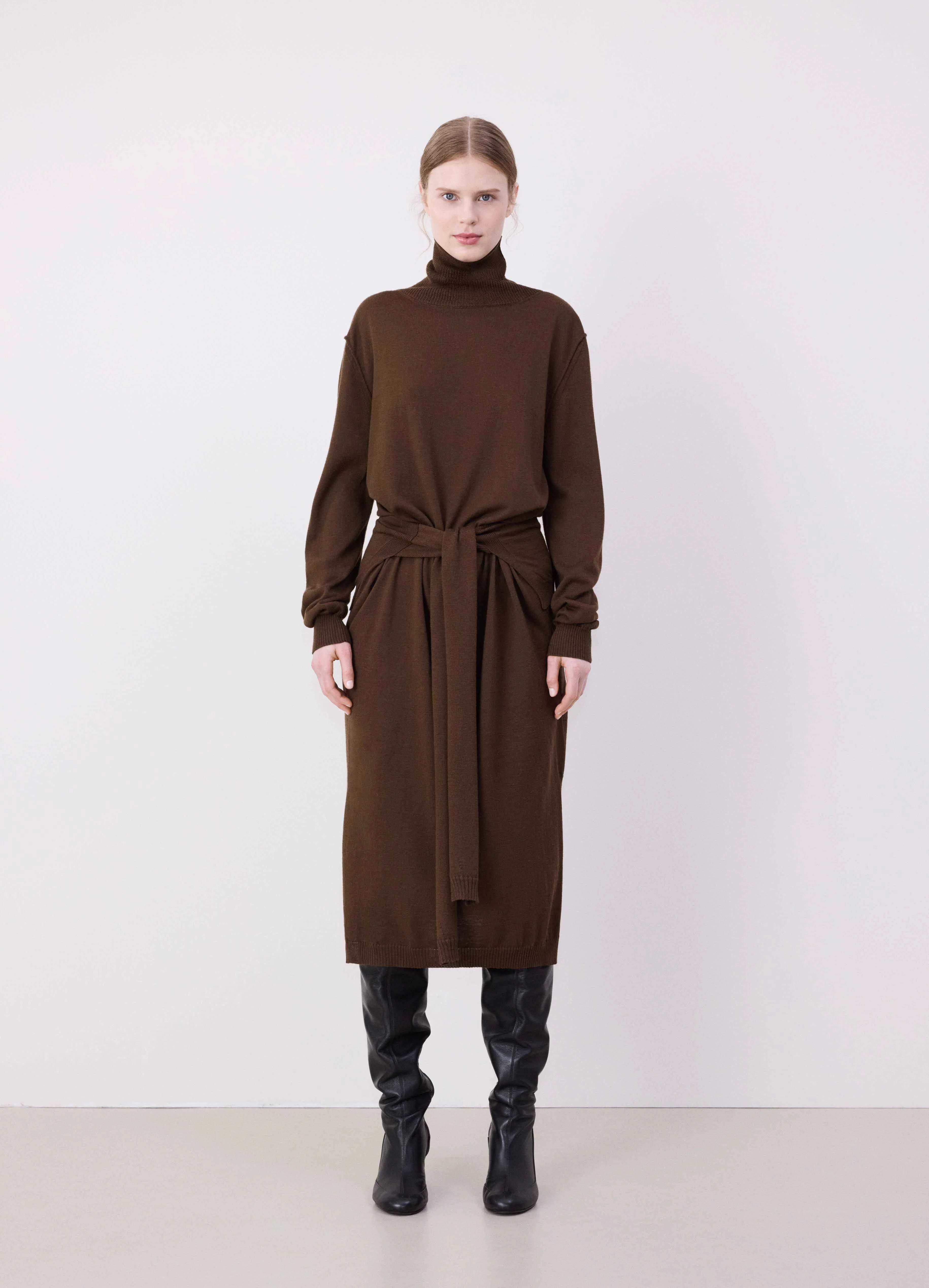 Shop Lemaire Trompe L'oeil Turtleneck Belted Midi Dress In Brown