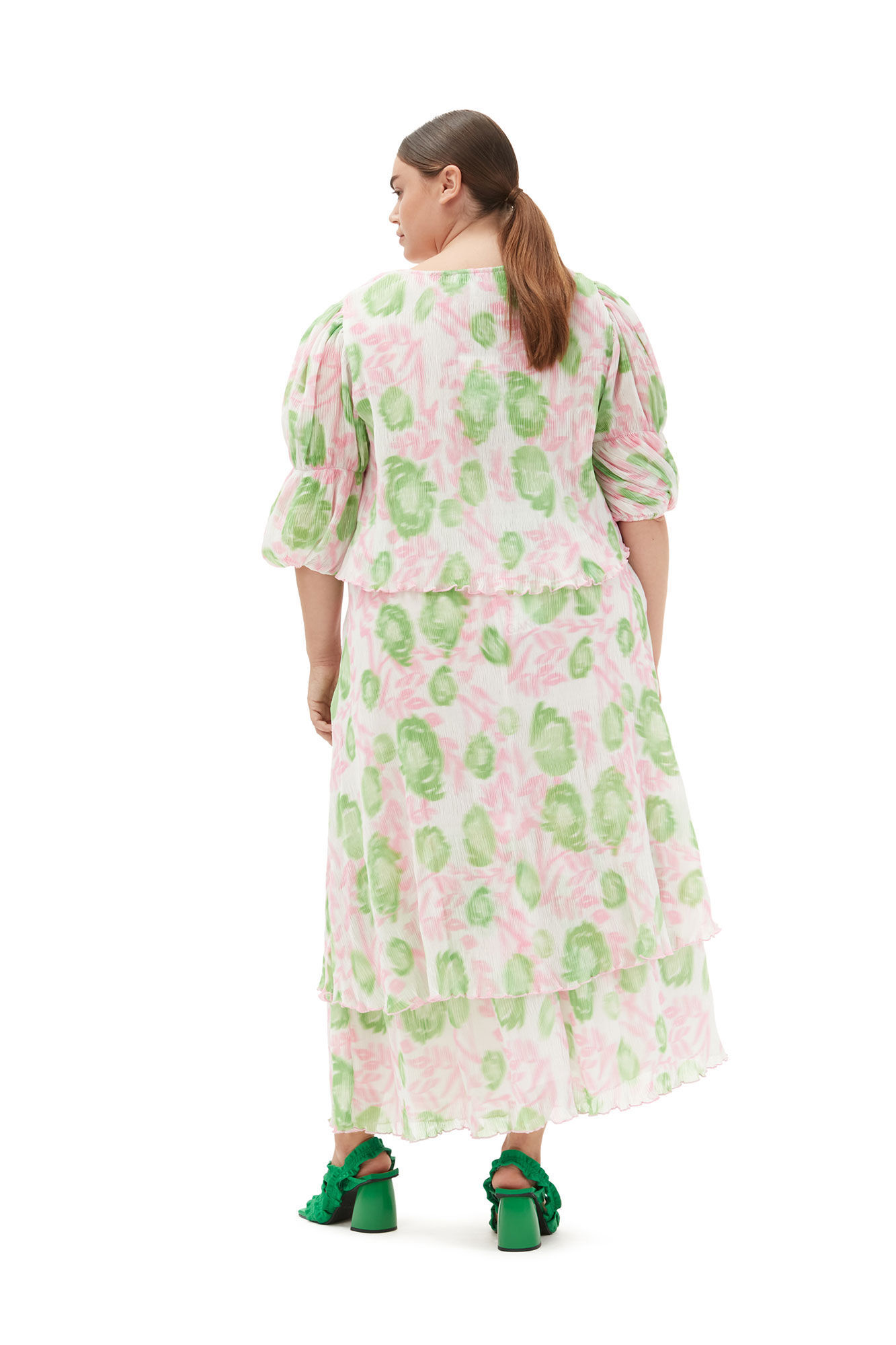 Ganni Short Sleeve Pleated Georgette U-neck Blouse In Pink