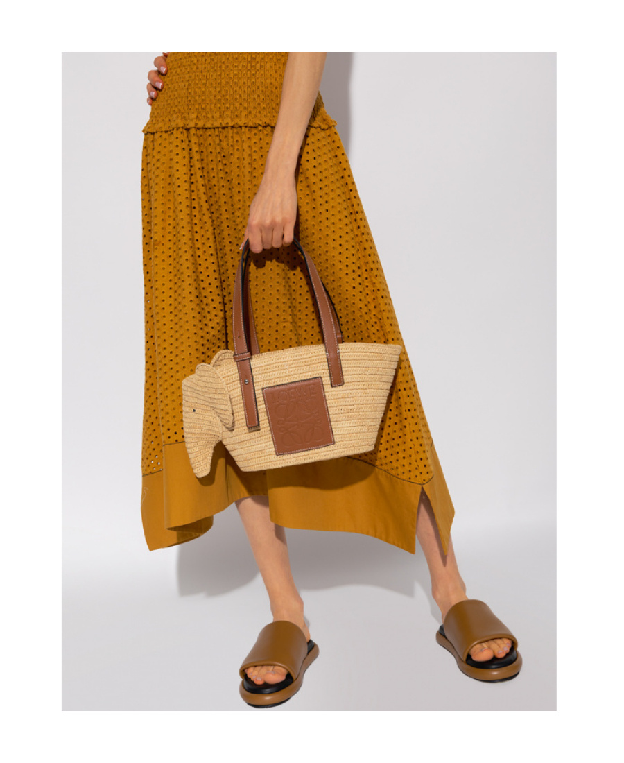 Loewe Elephant Basket Bag In Raffia And Calfskin In Nude