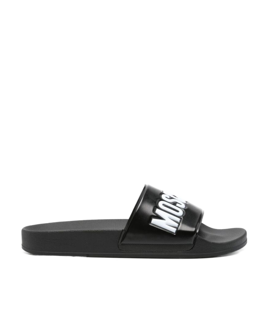 Shop Moschino Logo-embossed Slides In Black
