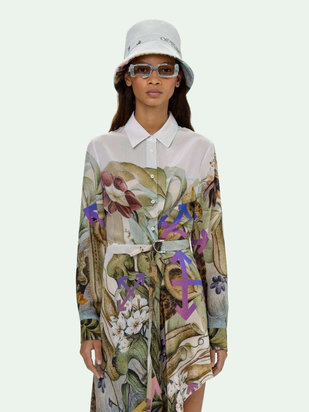 Off-white Botanical-print Belted Silk Shirtdress In Multicolor