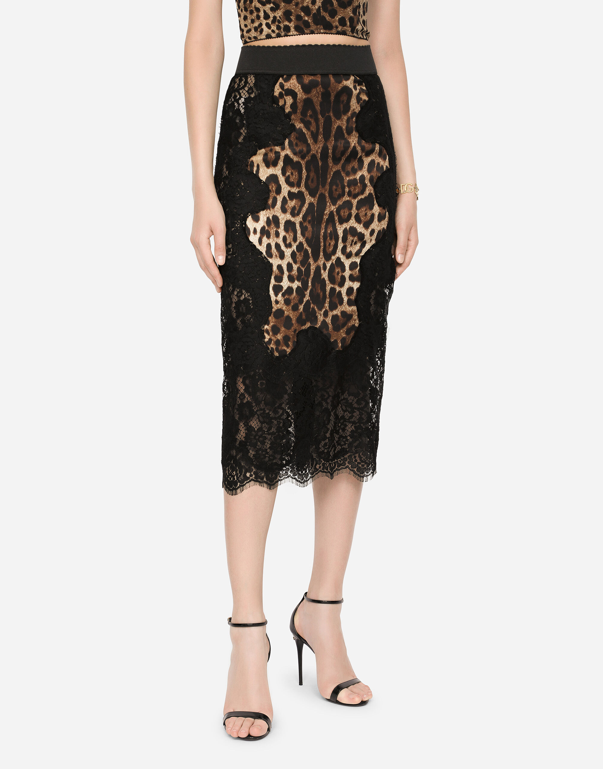 Dolce & Gabbana Lace And Animalier Print Pencil Skirt In Black