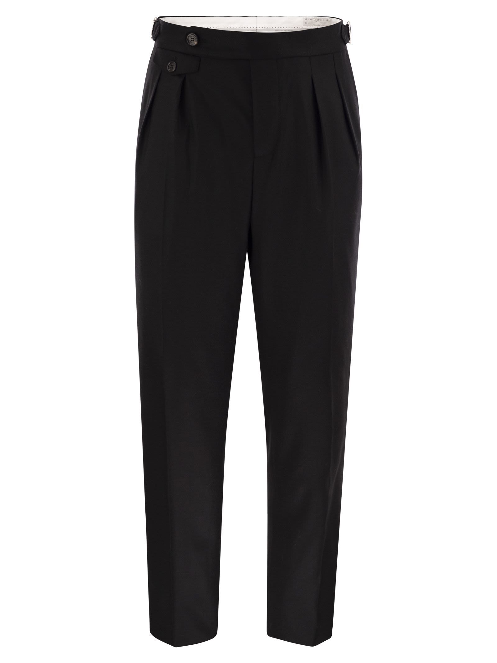 Brunello Cucinelli Men Tailor-fit Trousers In Virgin Wool Canvas With Double Inverted Darts And Buck In Black