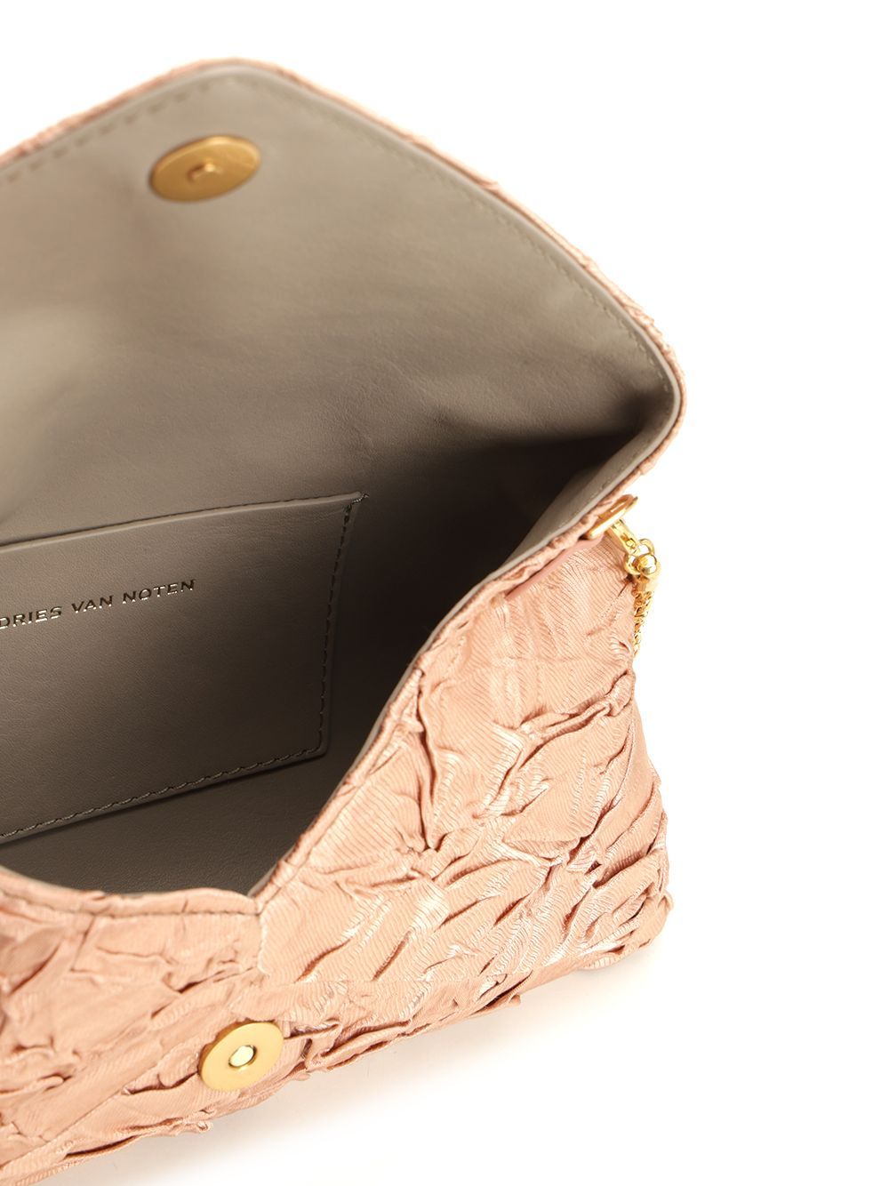 Dries Van Noten Chain Strap Crinkled Texture Envelope Flap Metallic Finish Pleated Fabric Shoulder Bag In Peach