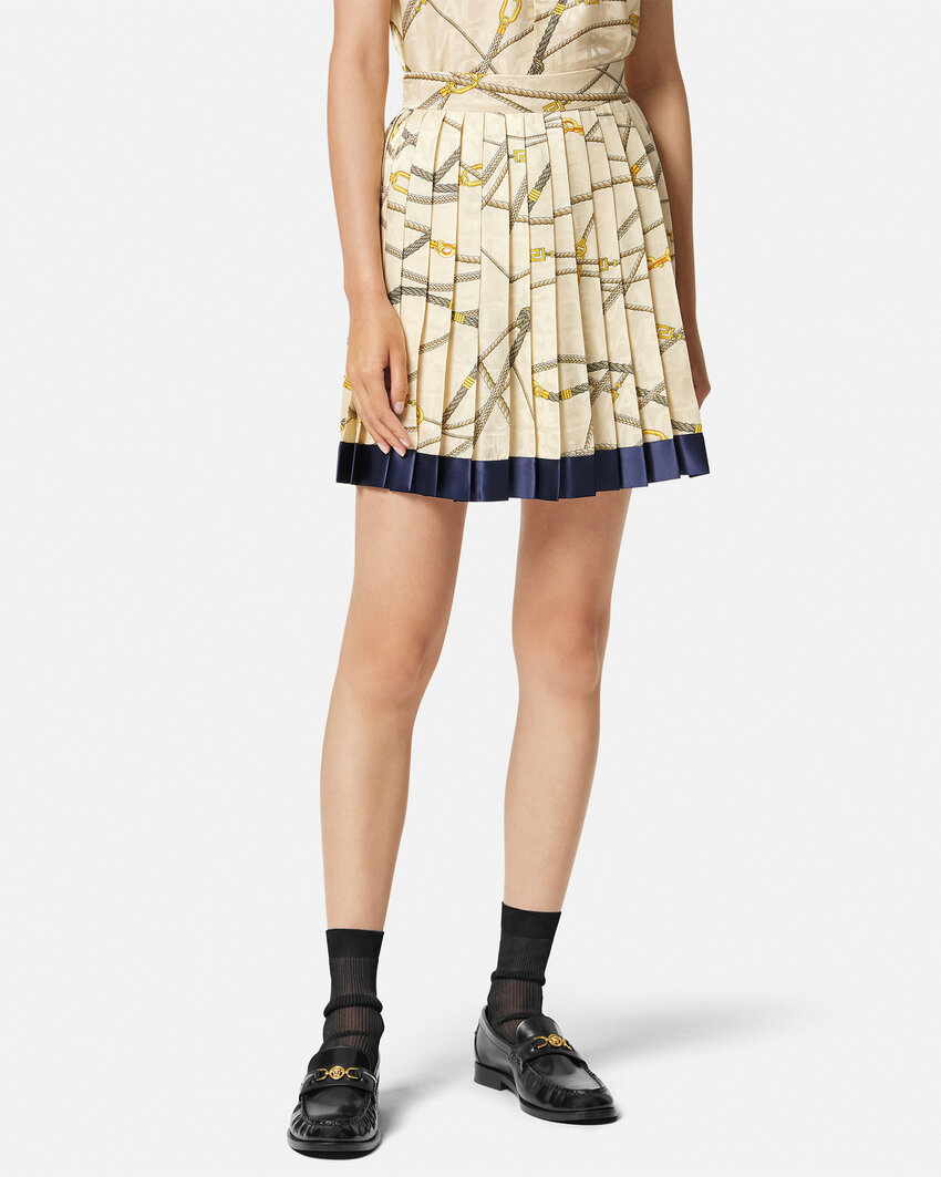 Versace Multicolor Pleated Mini Skirt With All-over Logo Print In Nude