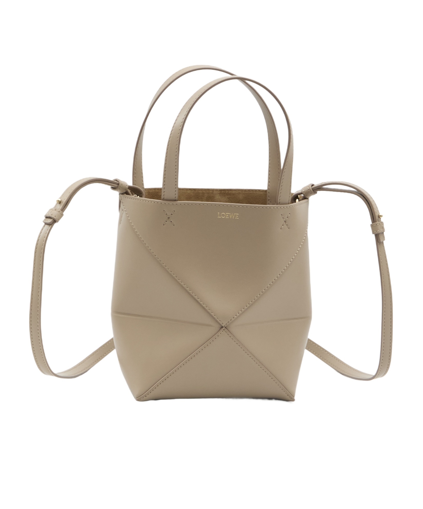 Loewe Mini Puzzle Fold Tote In Shiny Calfskin In Nude