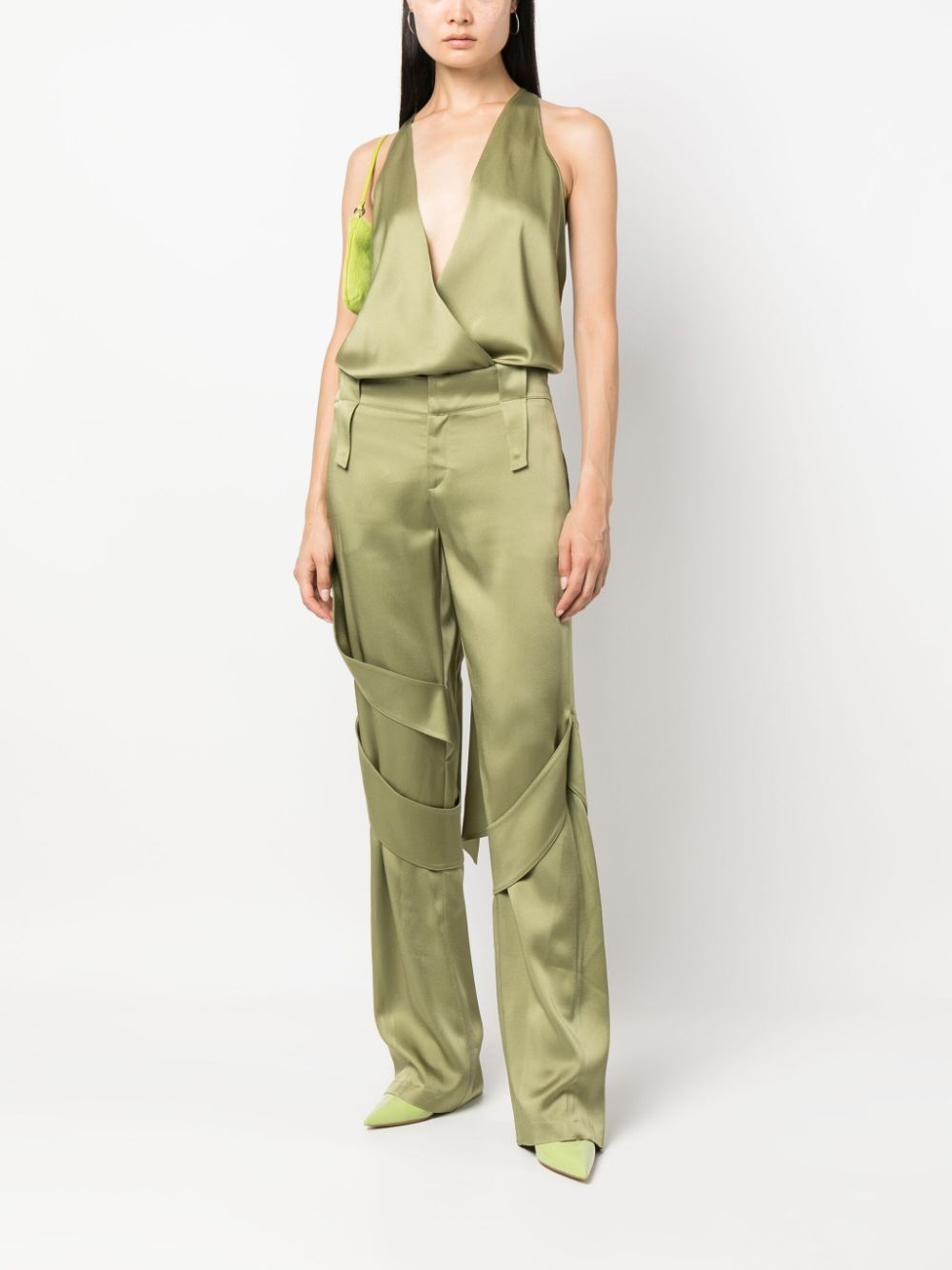 Blumarine Plunging V-neck Open Back Satin Bodysuit In Nude