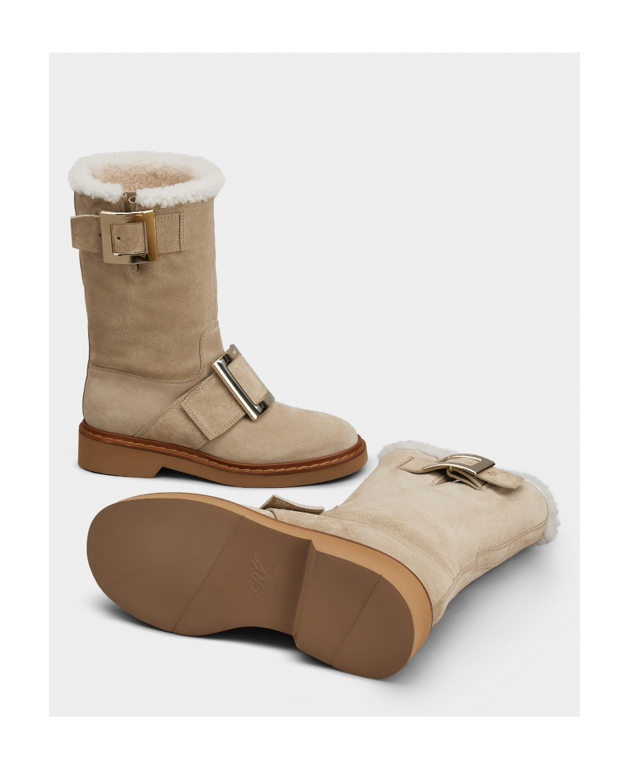 Roger Vivier Calf Suede Buckle Boots In Nude