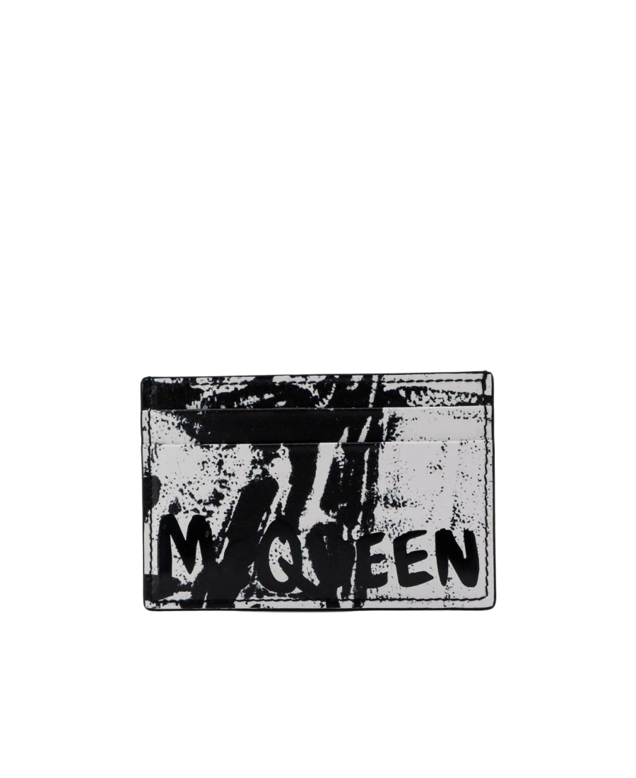 Alexander Mcqueen Leather Card Holder With Mcqueen Graffiti Logo In Black