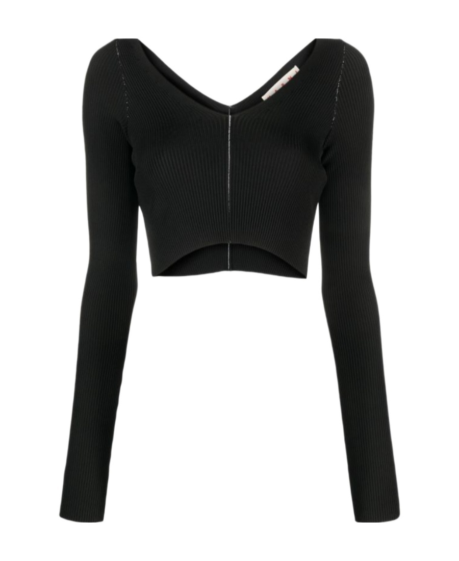 Marni V-neck Ribbed-knit Crop Top In Black